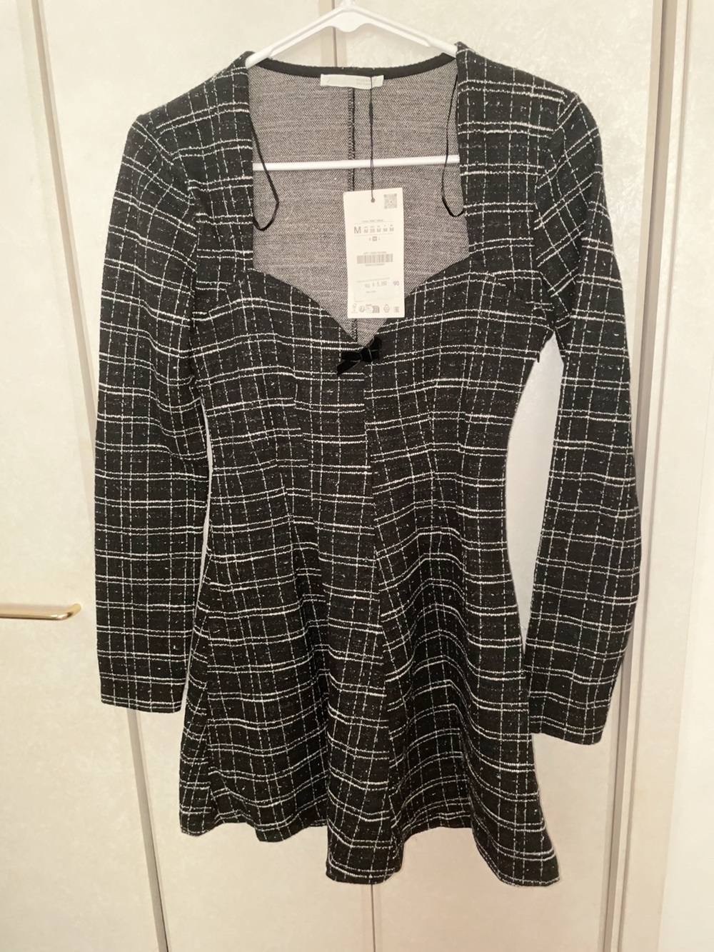 Zara knitted Black Windowpane Long-Sleeve Fit & Flare Dress
